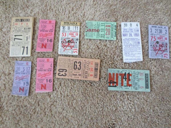 (10) Assorted 1949 to 1960 Brooklyn Dodger, New York Yankees, NY Giants baseball tickets