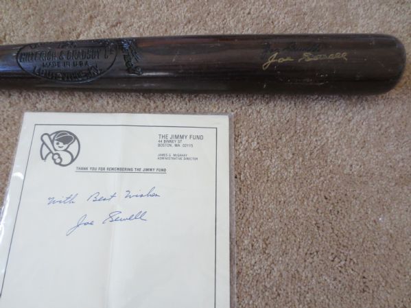 Joe Sewell Hall of Fame Autographed bat and Jimmy Fund letter