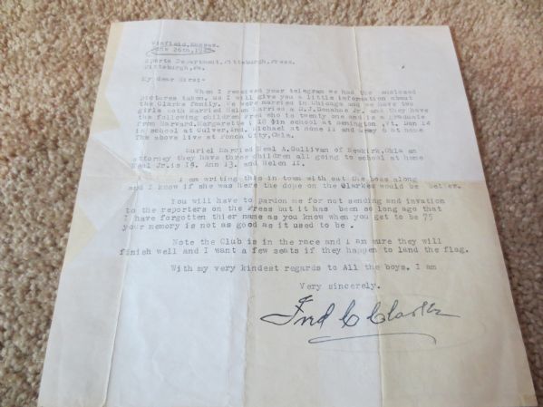 1948 Fred Clarke Autographed Typed Letter Personal Information HOF