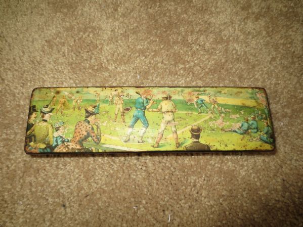 1890-1900 Baseball Pencil Box 2 x 7 Very Victorian Scene plastic