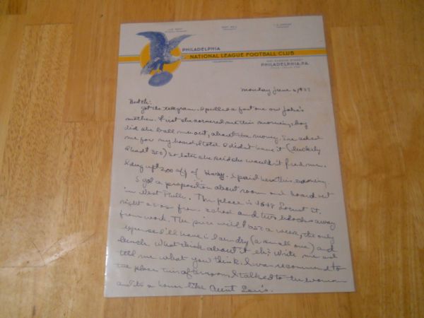 1937 Letter to Bert Bell on Philadelphia Eagles Letterhead