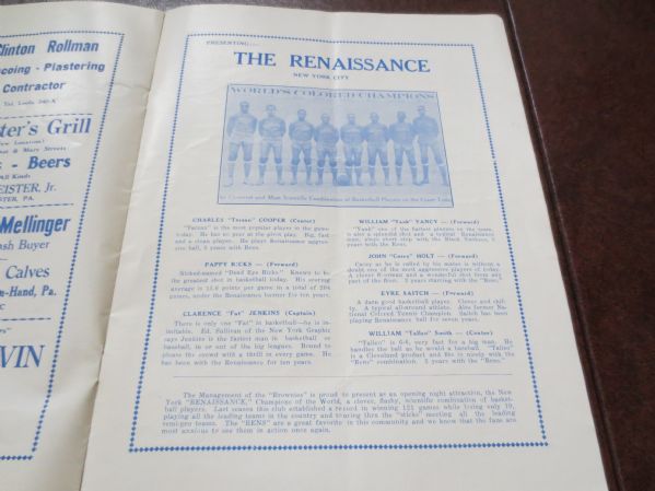 1934-35 New York Rens Pro Black Basketball program vs. Brownsville PA  RARE