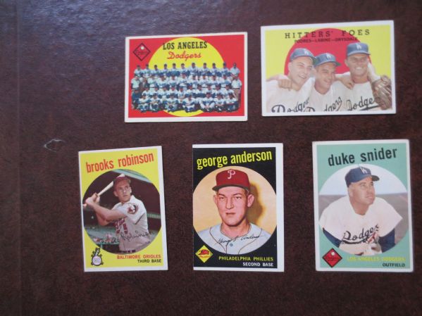 (5) 1959 Topps Baseball cards Snider, Anderson, Brooks Robinson, Hitters Foes, Dodger Team