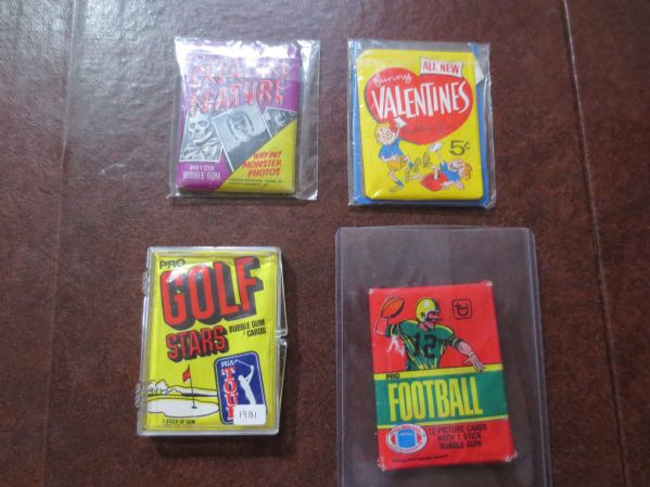 (4) different Vintage Unopened Wax Packs 60's Funny Valentine, Creature Feature, 80 Topps Football, 81 Golf