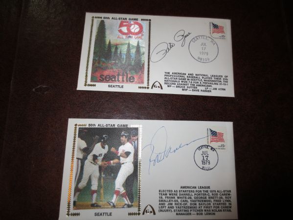 Two 1979 50th All Star Baseball Game Gateway Caches signed by Pete Rose and Rod Carew 