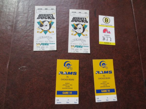 (5) different old pro hockey and football ticket stubs Bruins, Ducks, Rams