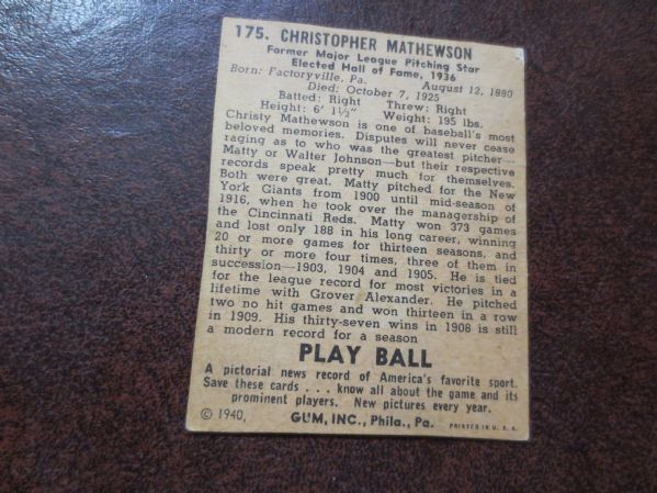 1940 Play Ball Christy Mathewson baseball card #175  Authentic but Trimmed