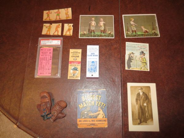 Assorted Vintage Boxing: Patterson vs. Liston Ticket; gloves; stamps; photos; advertising