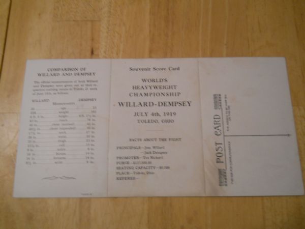 1919 Willard vs. Dempsey Scorecard Ticket Postcard and Stadium Diagram