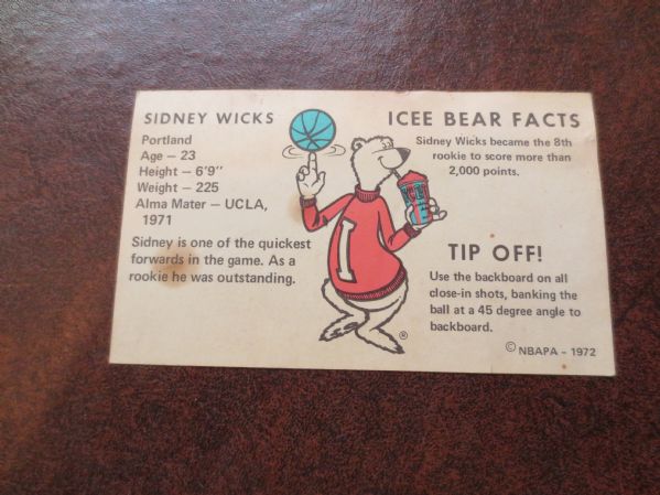 1972 Icee Bear Sidney Wicks basketball card  Unusual