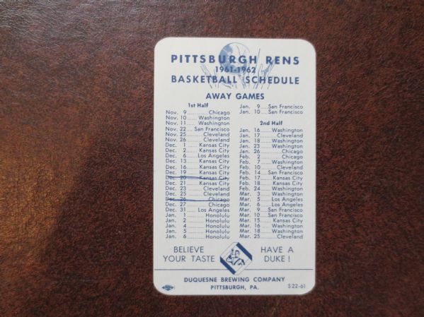 1961-62 Pittsburgh Rens ABL American Basketball League Pocket Schedule RARE