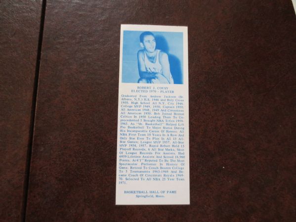 1968-74 Bob Cousy Basketball Hall of Fame Bookmark  short print  RARE  Great condition