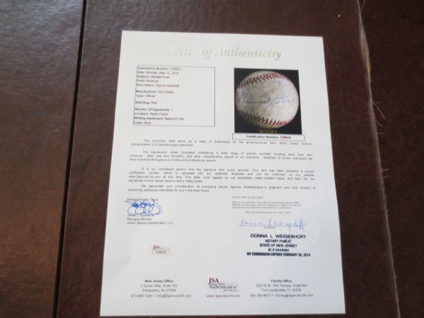 Autographed Jimmie Foxx single signed baseball Philadelphia Athletics HOF Spence LOA  WOW