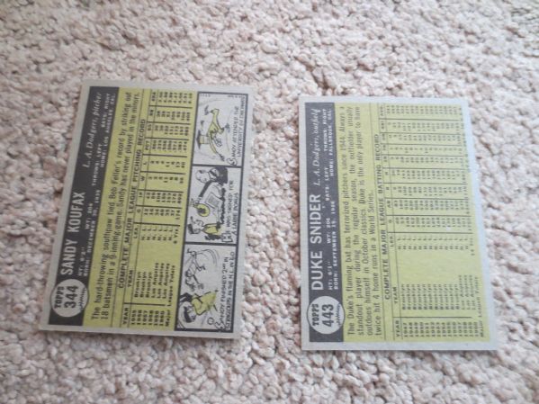 1961 Topps Sandy Koufax & Duke Snider baseball cards HOF #344 and #443 nmt-mt