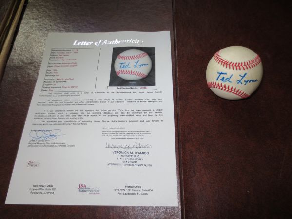 Ted Lyons HOF Single Signed Autographed baseball with Authentication from JSA Jimmy Spence