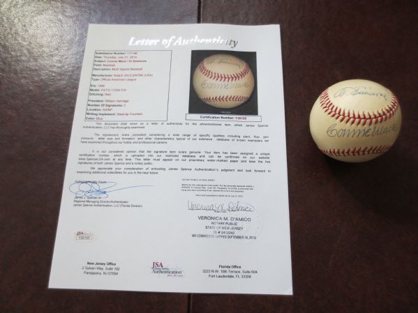 Connie Mack/Al Simmons HOF Autographed baseball with LOA from JSA Jimmy Spence