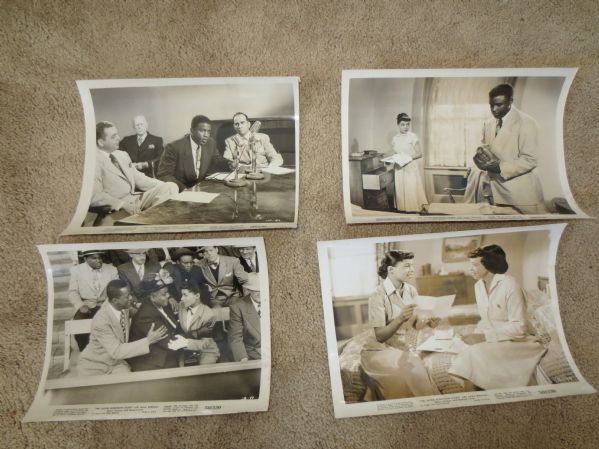 Assorted Jackie Robinson Memorabilia: Postcard + Business Card + 4 Movie Lobby Photos