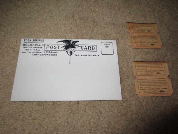 House of David Baseball Postcard and two tickets