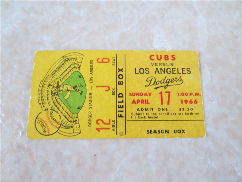 4-17-1966 Koufax wins ticket stub  Chicago Cubs at Los Angeles Dodgers 