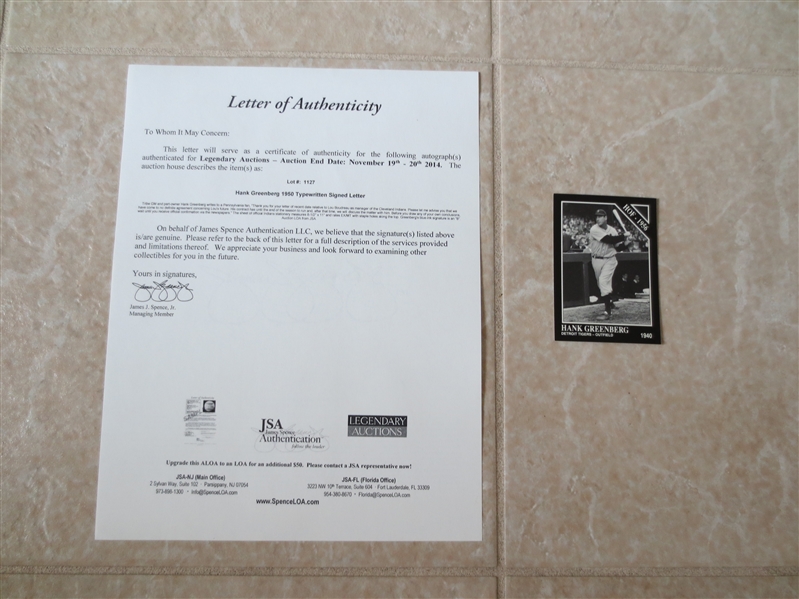 1950 Hank Greenberg signed letter on Cleveland Indians Letterhead  JSA Authentication