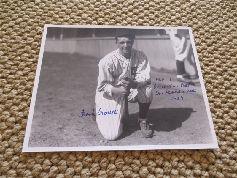 Frank Crosetti Autographed 8x10 Photo Kneeling with bat Seals/Yanks + inscription