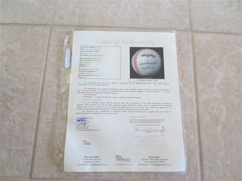 Autographed Brooklyn and Los Angeles Dodger Greats Multi-signed ball 14 signatures