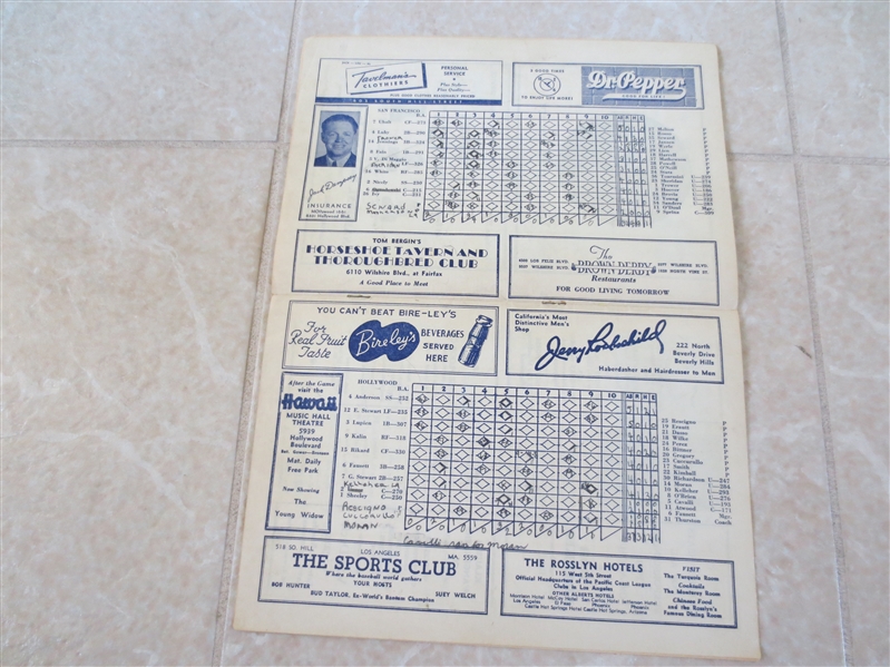 Autographed 1946 Hollywood Stars home baseball program vs. San Francisco Seals