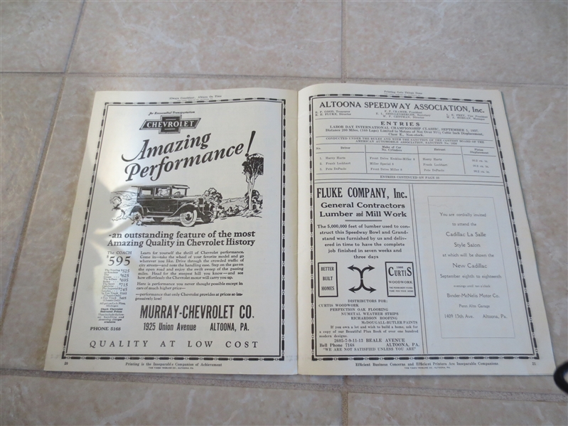 1927 Altoona (PA) 200 Mile Race Championship Auto Racing program