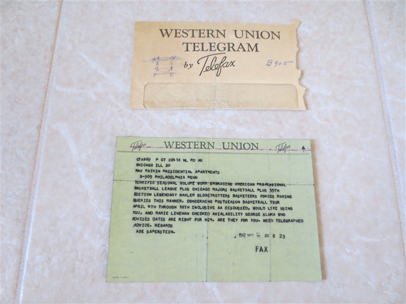 Abe Saperstein Western Union Telegram to Max Patkin mentions Globetrotters and ABL Chicago Majors