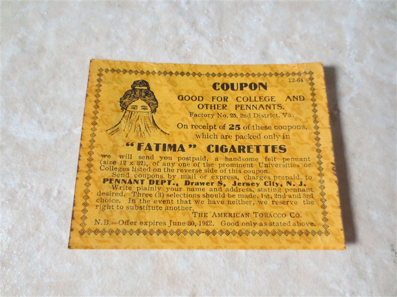 1912 Fatima Cigarettes Football Pennant Coupon  Neat!