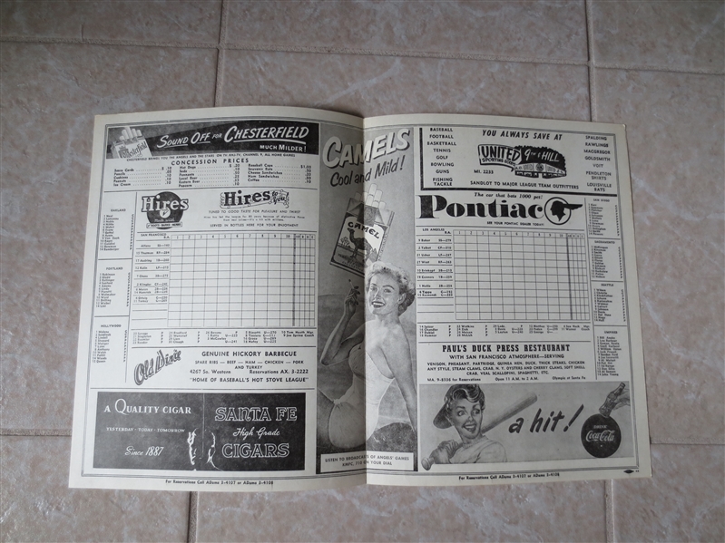1952 Los Angeles Angels Pacific Coast League baseball home program unscored vs. SF Seals Chuck Connors