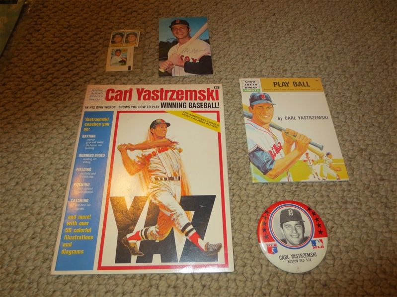 Assorted Vintage Carl Yastzemski & Tony Congiliaro card, stamp, decal, pub, and pin package