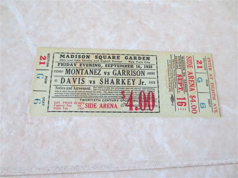 1938 Al Bummy Davis vs. Sharkey Jr. Boxing ticket  Jewish Mafia!