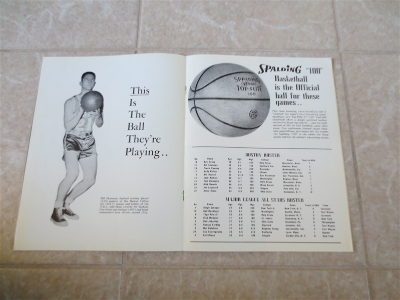 1957 Pro Basketball Tour program Boston vs. Major League All Stars Russell, Cousy, Schayes +