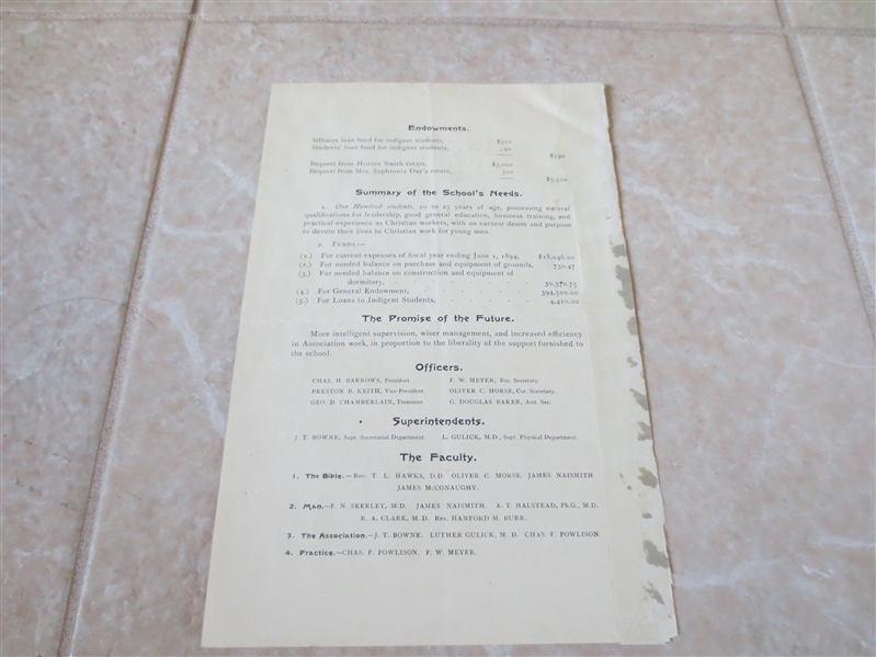 1894 YMCA Training School Program with James Naismith listed in faculty   WOW!