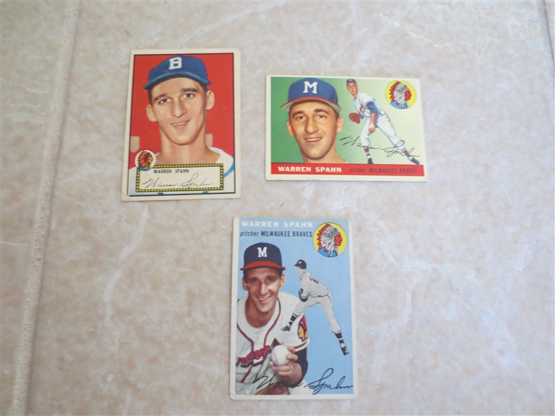 (3) Warren Spahn Topps baseball cards from the 1950's: 1952, 54, 55