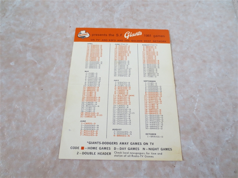 1961 San Francisco Giants baseball pocket schedule Falstaff Beer