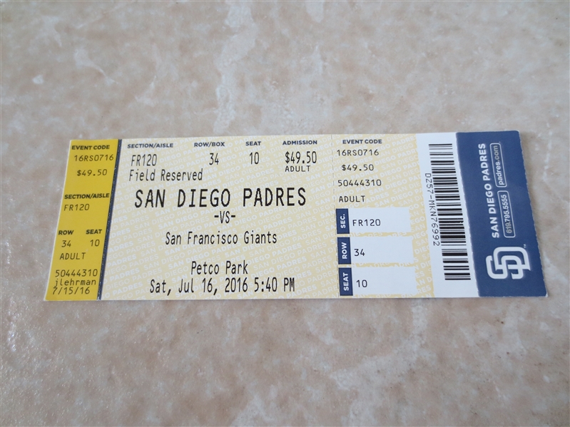 2016 San Francisco Giants at San Diego Padres ticket  Buster Posey Home Run