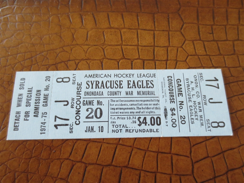 January 10, 1975 Syracuse Eagles American Hockey League ticket