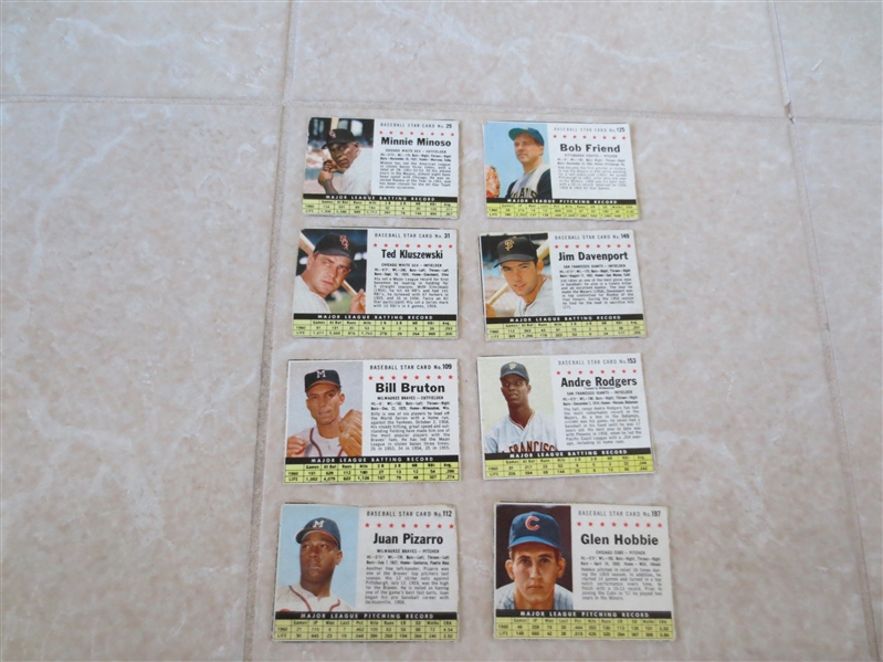 (8) 1961 Post Cereal Baseball Cards  Kluz, Minoso, Bruton, Pizarro, Davenport, Hobbie, Rodgers