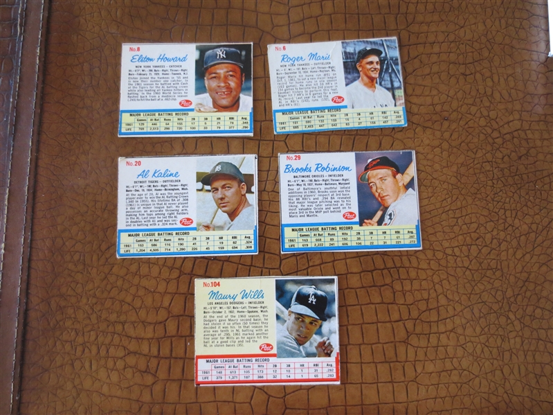 (5) 1962 Post Cereal baseball cards: Roger Maris, Brooks Robinson, Wills, Kaline, Howard
