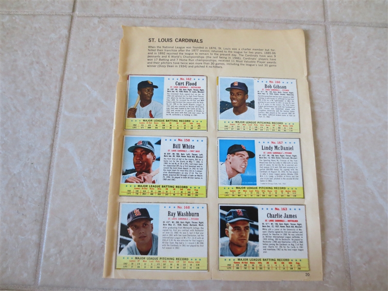 1963 Post Cereal baseball cards: Bob Gibson, Curt Flood, Bill White, Joe Adcock +