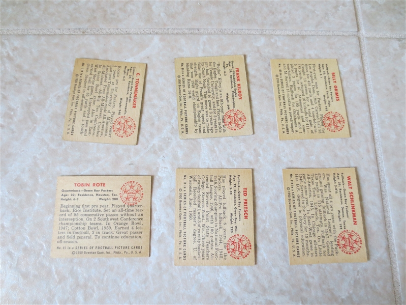 (6) 1950 Bowman Football Cards: Rote, Kilroy, Fritsch, Grimes, Schlinkman, Tonnemaker