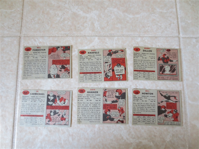 (6) 1957 Topps Football Cards: Dillon, Hanner, Forester, Carmichael, Howton, and Knafelc