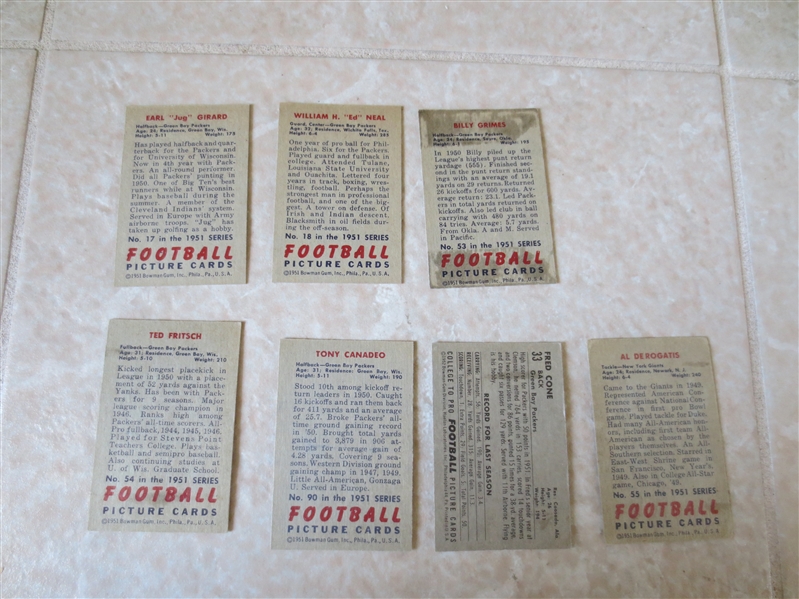 (6) 1951 Bowman Football cards + (1) 1952 Bowman Small Fred Cone #33 