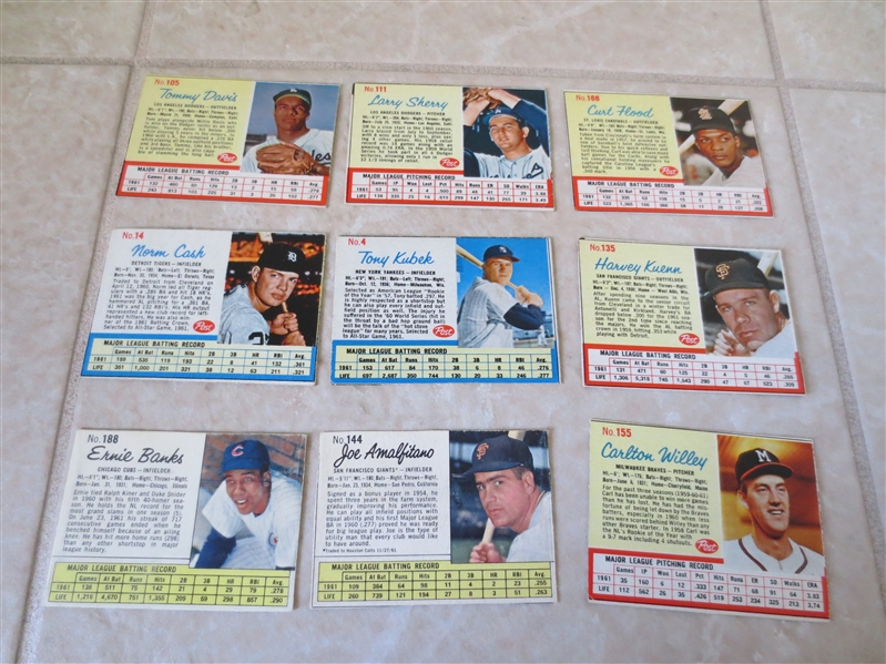 (9) 1962 Post Cereal Baseball Cards including Ernie Banks