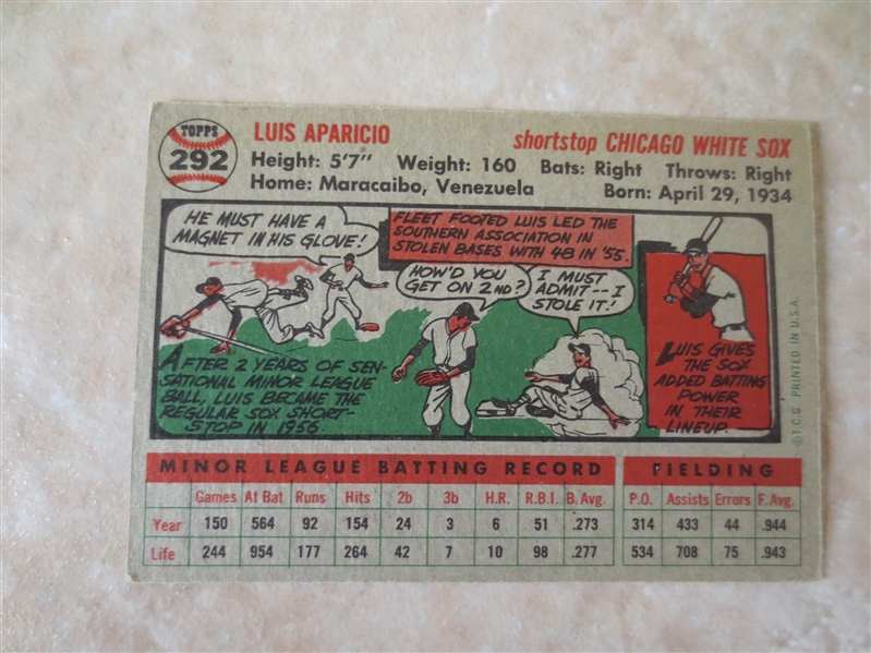 1956 Topps Luis Aparicio rookie baseball card #292   Very nice shape!