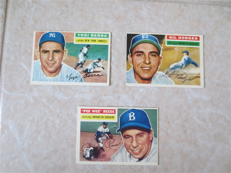 (3) 1956 Topps baseball cards of HOFers: Yogi Berra, Gil Hodges, and Pee Wee Reese