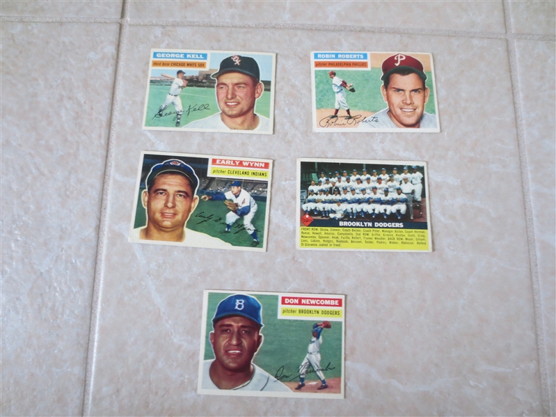 (5) 1956 Topps baseball cards: Dodgers team, Roberts, Newcombe, Kell, Wynn