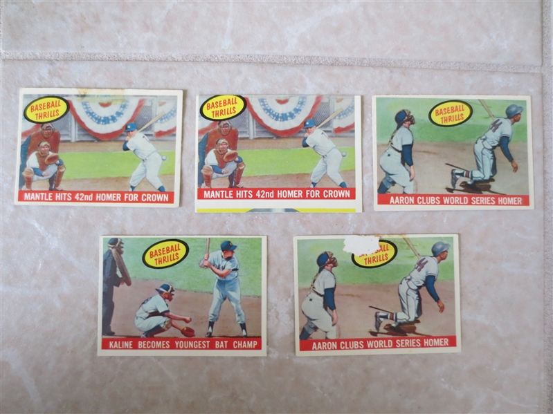 (5) 1959 Topps Baseball Thrills baseball cards: (2) Mantle, (2) Aaron, Kaline